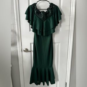 Bardot Ruffle Layered Trim Embroidered mesh insert dress / Dark Green / size M 6